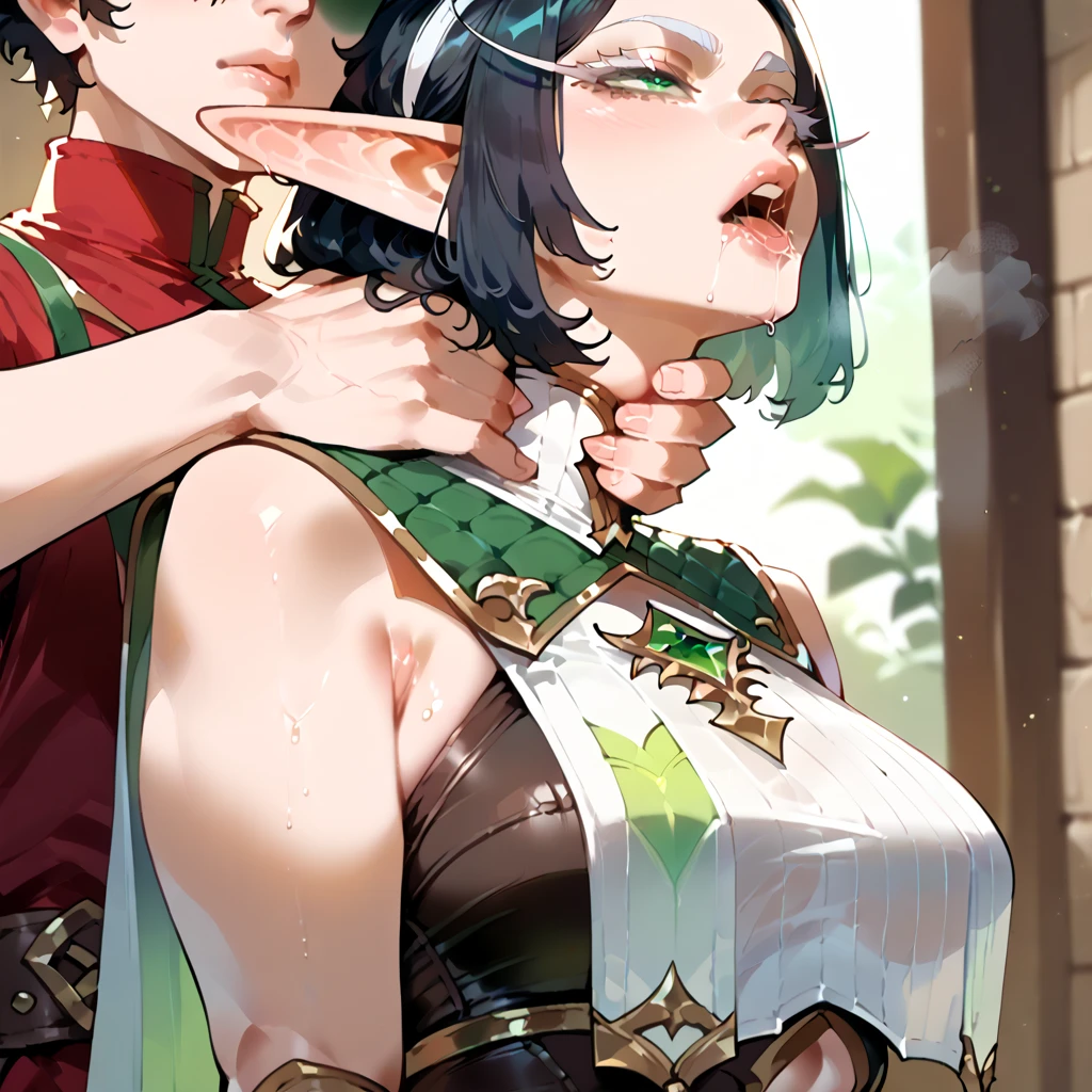 (best quality,4k,8k,highres,masterpiece:1.2),ultra-detailed,(realistic,photorealistic,photo-realistic:1.37),wild green skinned sexy goblin mother,barely covering her body,wild torn jungle clothes,tall,fierce,curvy,seductive,sparkling green eyes,full red lips,long black curled hair,long pointy ears,noble,confident,strong,protective,goblin prince,adorable,handsome,lively black eyes,cute,curious,proud,happy,holding a golden crown,enchanted jungle,thick lush green trees,vibrant flowers,exotic plants,giant tropical leaves,sunlight penetrating through the canopy,magical atmosphere,dappled shade,playful monkeys swinging from branches,beautiful parrots with colorful feathers,clear bubbling streams,hidden waterfalls,emerald green moss covering the ground,faint mist in the air,the smell of fresh rain,distant calls of wild animals,harmonious sounds of nature,rich color palette,contrasting vibrant tones,soft warm lighting,ethereal ambiance,fantasy-inspired,mythical creatures,living in harmony with nature,sensuous,romantic atmosphere.