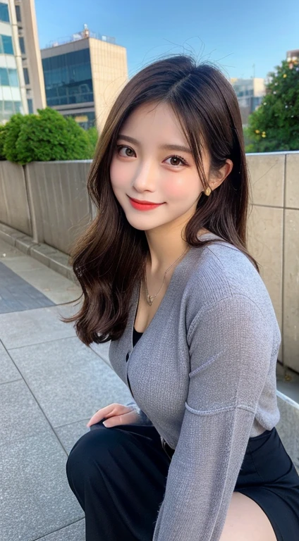 masutepiece, Best Quality, Illustration, Ultra-detailed, finely detail, hight resolution, 8K Wallpaper, Perfect dynamic composition, Beautiful detailed eyes,Medium Hair,Small breasts natural color lip, Bold sexy poses,Smile,Shibuya、20 years girl、Cute、Sexy shot looking at camera，the Ferris wheel
