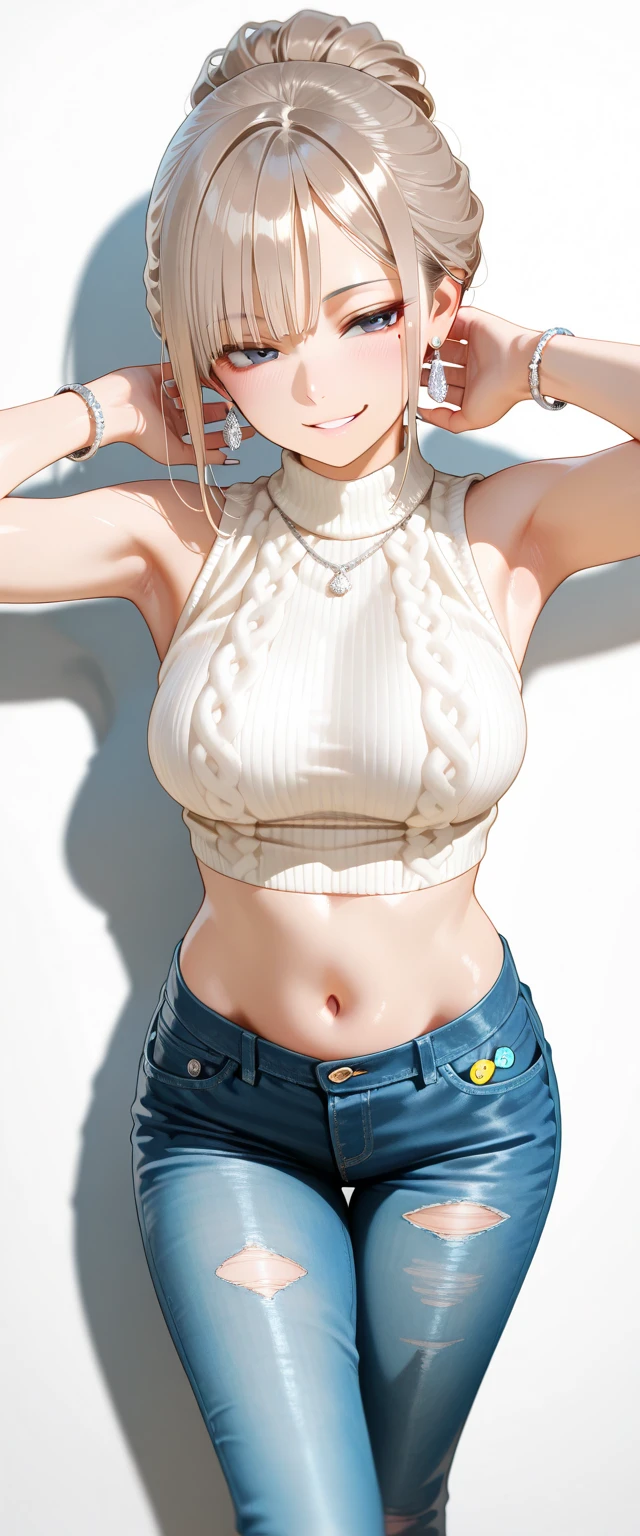 Masterpiece、最high quality、high quality、High definition、High resolution、High detail、Lens flare、Ray tracing method、high qualityの質感、high qualityの影、Beautiful details、Detailed and delicate、Detailed texture、Realistic facial expression、Realistic and colorful、Delicate、Cinematic Light、Side light、Sharp Focus、(1 woman:1.3)、(Intricate details、Makeup、Pure Eros Face_v1:0.5)、(Details Beautiful delicate face、Detailed beautiful delicate eyes、Perfect Facial Proportions、Detailed skin、Charm)、fancy hairstyles、Beautiful bangs、(Two-tone gradient hair color）、slender、(Upturned beautiful breasts)、Raise your arm and make a peace sign、(Detailed crotch、Open crotch、Showing off your crotch)、Female juice、((Experiencing the best orgasm))、(Light-colored V-cut、Light-colored thong)、(Thigh mini skirt、Low-rise mini skirt)、(Front-facing shirt、No sleeve、Crop top)、(The wind blows and sways、 rise up)、Street Corner、Low-angle composition、Wide Shot