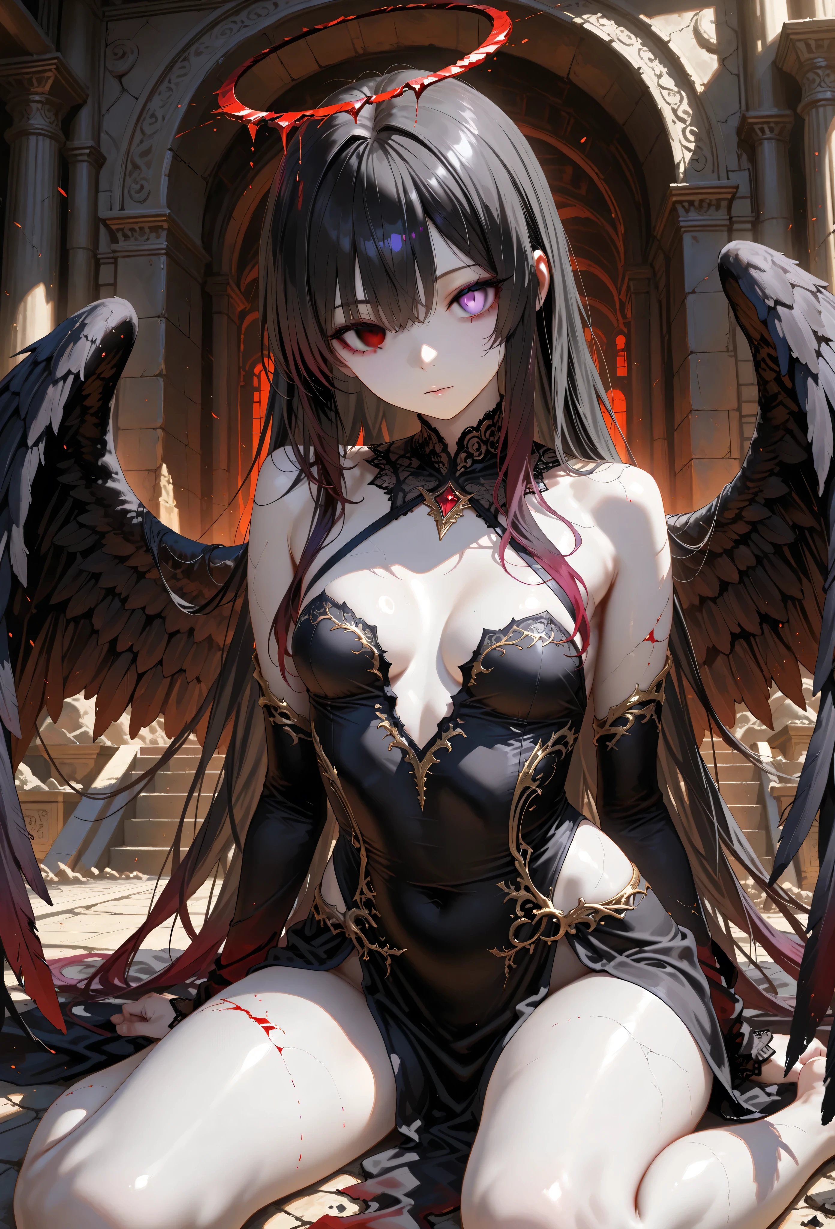 Beautiful woman, black hair, fallen angel on her knees, big black wings in the upper back, 8k, ultra realistic, apocalyptic landscape, very dark atmosphere, hell, lava, fire, evil, ((cracked skin on fire)), evil smile, sparks