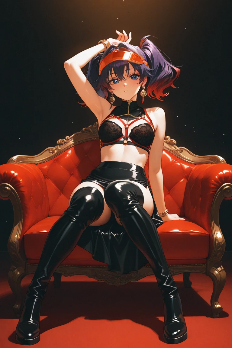 woman, curly red pixie cut hair, green eyes, wearing crop top black shirt, long black jacket, red plaid skirt, (black knee high boots), black fingerless gloves, exposed shoulders, (full body), large breasts freckles, cleavage, abs, looking at viewer, masterpiece, best quality, an14, Holo-Punk Style, sitting on chair