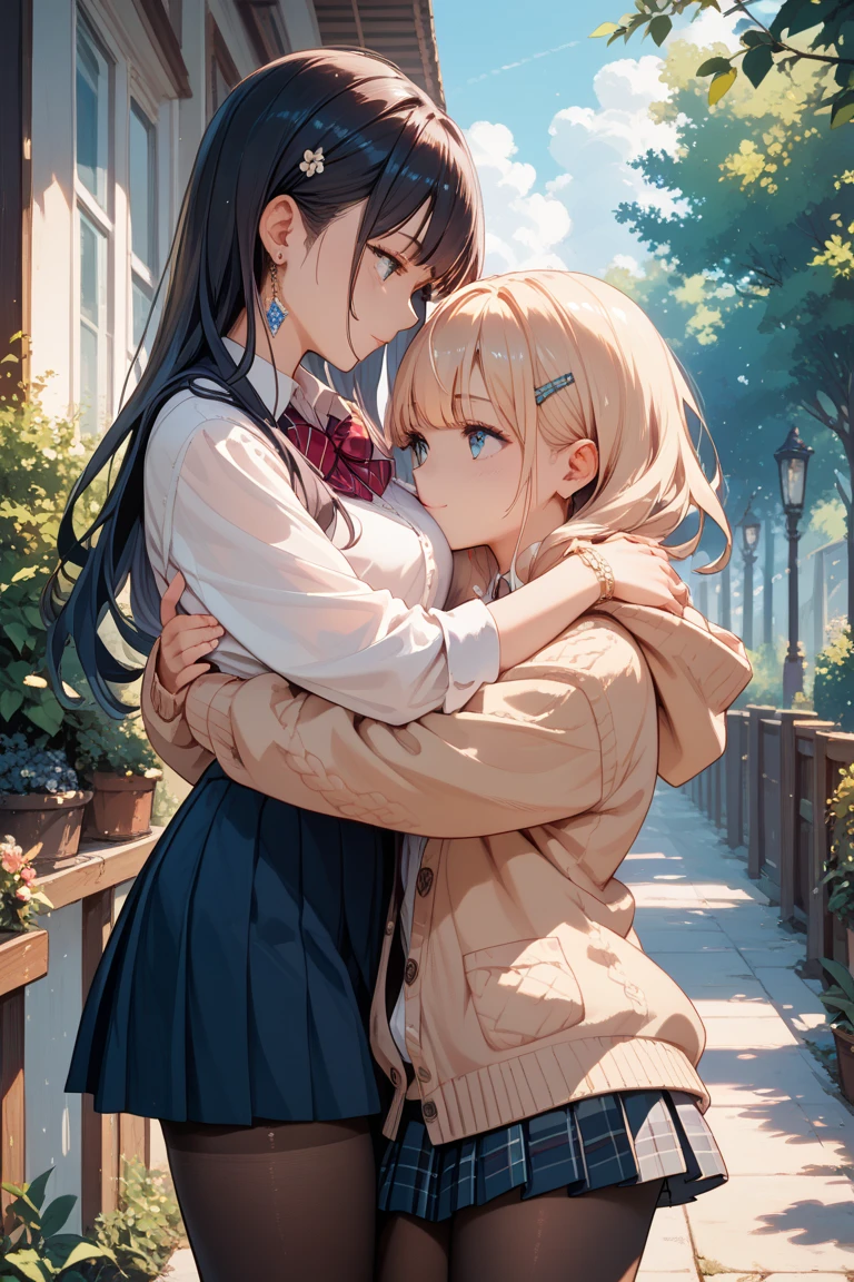 Two girls hugging, school dress, they are in a park