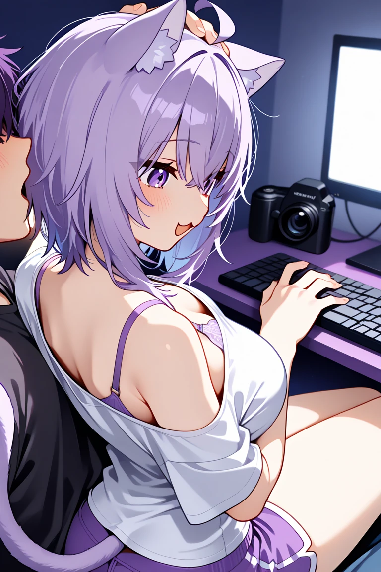 masterpiece, best quality, highres, 8K, ,medium breasts,1 girl,1 boy,Sex,orgasm,im Bett,black swimsuit,purple hair, screaming