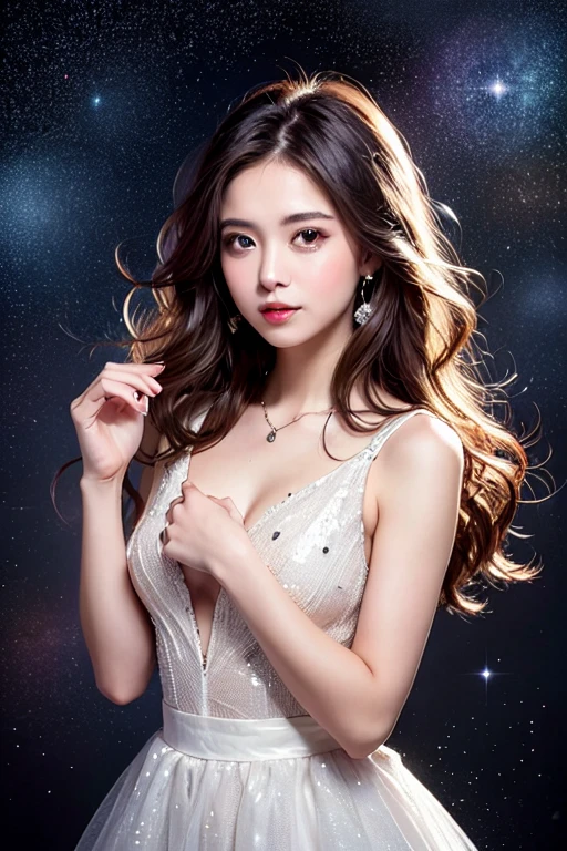 (((masterpiece:1.4, Best Quality:1.4, 8K,))), ultra high res, Physically Based Rendering, Portrait, ultra Beautiful Sexy Woman, 24yo, Detailed large eyes, detailed thin eyebrows, Highlights in the eyes, (dark brown long hair, half updo:1.2, bangs), (strong wind blows up her hair), Clear focus:1.2, Slender beauty:1.4, (((gigantic breasts:1.7, breasts exposed:1.2, beautiful nipples))), Slim abs, narrow waist, Clear facial features, (embarrassed smile, open mouth), ((see-through black tight Satin dress:1.4, glitter, see-through pussy, off shoulder:1.8, sleeveless)), (Butt crack exposing:1.4, naked waist, Bare back:1.3), ((beautiful pussy exposed, cum in pussy:1.4, pubic hair:1.6)), (transparent black lacy stockings:1.2), (cum in pussy:1.2), from behind, red carpet, ((Overlooking Paris from Montmartre Hill:1.4, Eiffel Tower in the distance, Brightly colored stained glass, Small faint lights and flying fireflies, night, Starry Sky, milky way, nebula, shooting star, colorful glitter)),