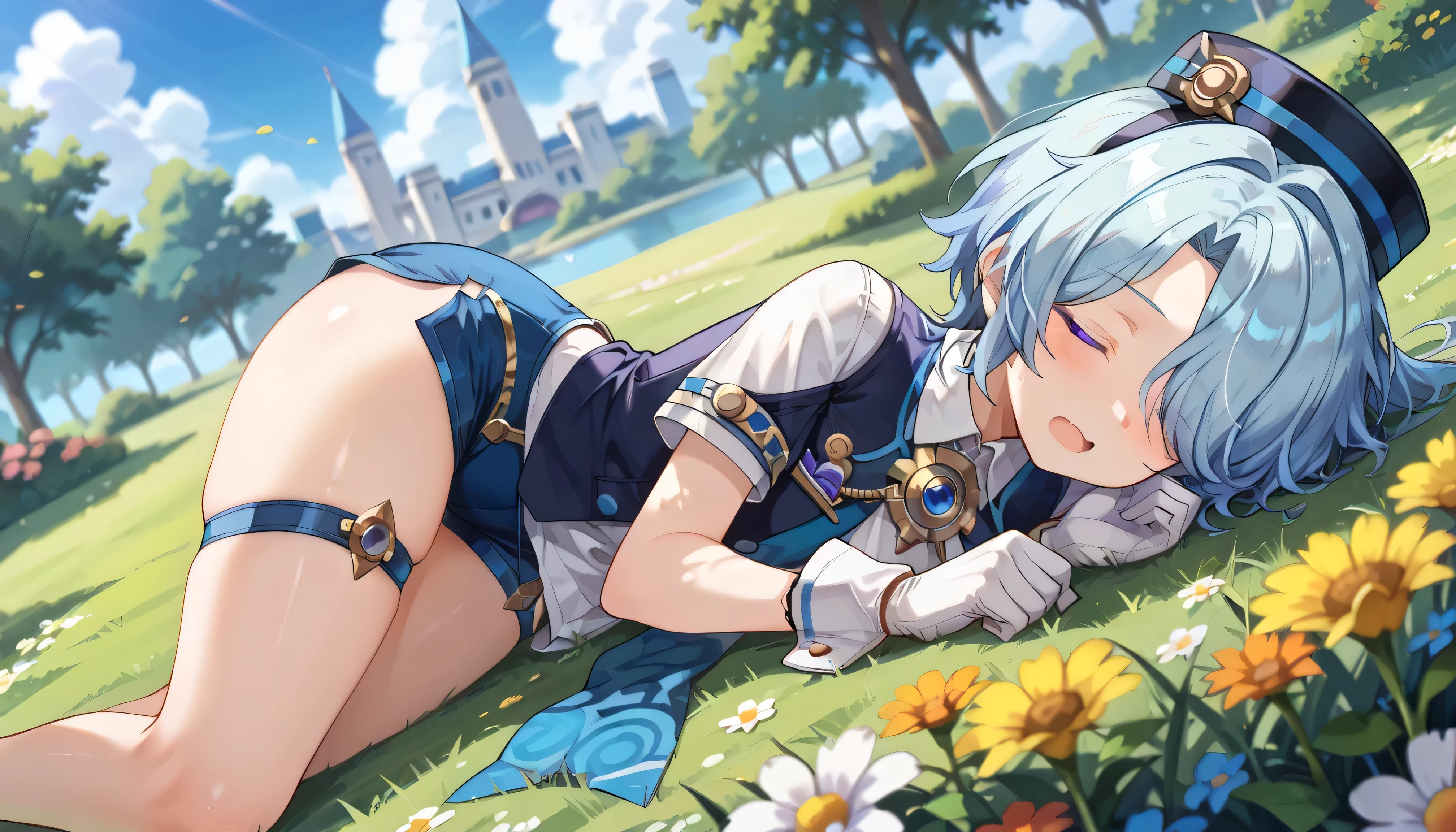 masterpiece, best quality, amazing quality, very aesthetic, high resolution, ultra-detailed, absurdres, newest, scenery,(depth of field:1.5),
(super fine illustration,professional quality,ultra high res), beautiful detailed eyes,
(high brightness), 
break
misha,1boy, solo, young, bishounen, hotel-keeper,
light blue hair, hair over one eye, purple eyes, tsurime, Gloves, Shirt, Cute face and eyes, Thigh gap, Ass visible through thighs, 
White gloves, Short sleeves, Shorts,(thigh straps), blue hat
torino_aqua, ((extremely detailed background)), Lots of elements in background,((super-detailed background)),  grass, on grass,tree,outdoors,  ((8K wallpaper)),
1boy,
nervous face, Glossy eyes, Animated, Seductive, Erotic, Glossy skin Thighs, Sexy, 
(Cute Illustration: 1.3), (High Saturation: 1.3), Cute face and eyes, Dynamic lighting,
fake tail, lying, closed eyes, open mouth, sleeping, 
(Dutch angle: 1.2), 