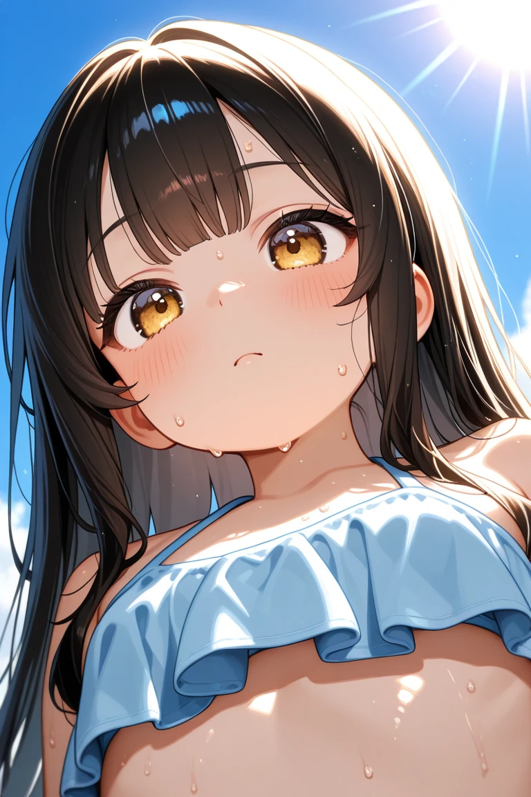 sunset beach,splush waves,(solo lady:1.2)、(dark blonde hair:1.2),(long hair)、flat breast,BREAK、(shiny blue eyes:1.0)、BREAK、(muscle:1.4),(pendant:0.9)、(pierce:0.8)、(bracelet:0.7),NSFW,nude,blush,closeup shot,kissing face,closed eyes:1.3,