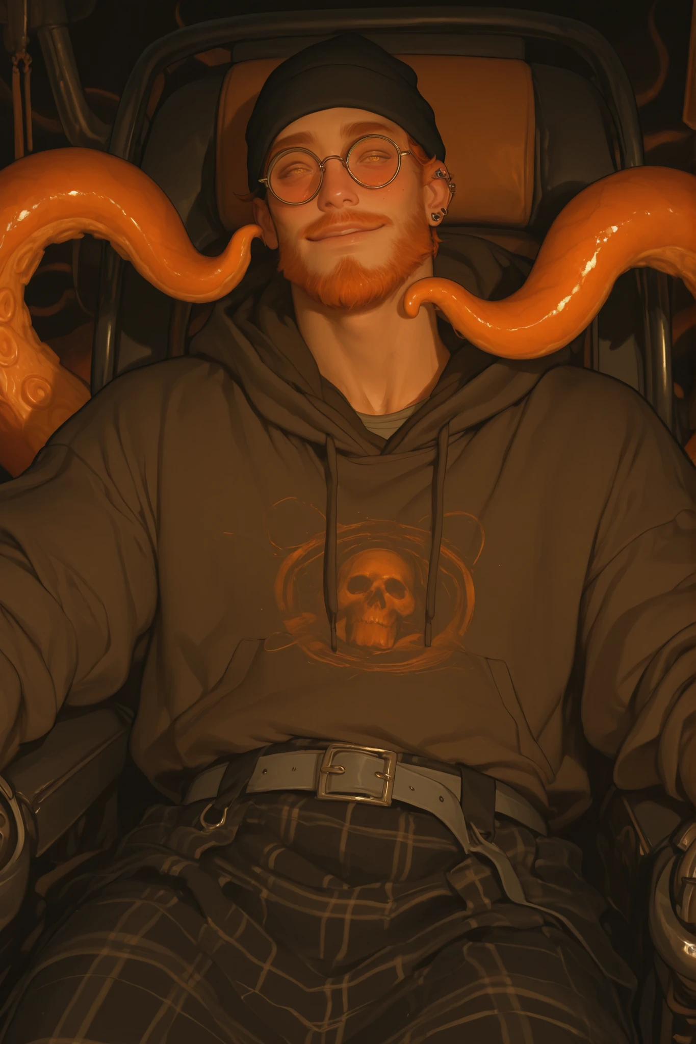 Semi realistic anime Midjourney art style of a portait of a very short dwarf chubby man with dwarfism, very short, short, dwarfism masculine, with short fade with curly short orange hair. Cherubic face, heart shaped face, Big squared glasses, Cherubic face, shy soft smiling , Orange curly mutton chop facial hair, Orange gills on his neck. Big yellow eyes with dark circles under them. Wearing a black beanie and dark brown hoodie with his hood covering his head. Facial piercings, He wears a long black long maxi skirt, chains dangling off belt with orange tentacles curling out from the bottom of the dress. dark black belt, No legs, His arms are robotic looks prosthetic arms. Dynamic Pose, sitting in a wheel chair. Masculine, no legs, wesring black plaid maxi skirt with layered grey belt thays frayed. Hes wearing a loose grunge tang top and a black plaid zip up hoodie that is worn and old.