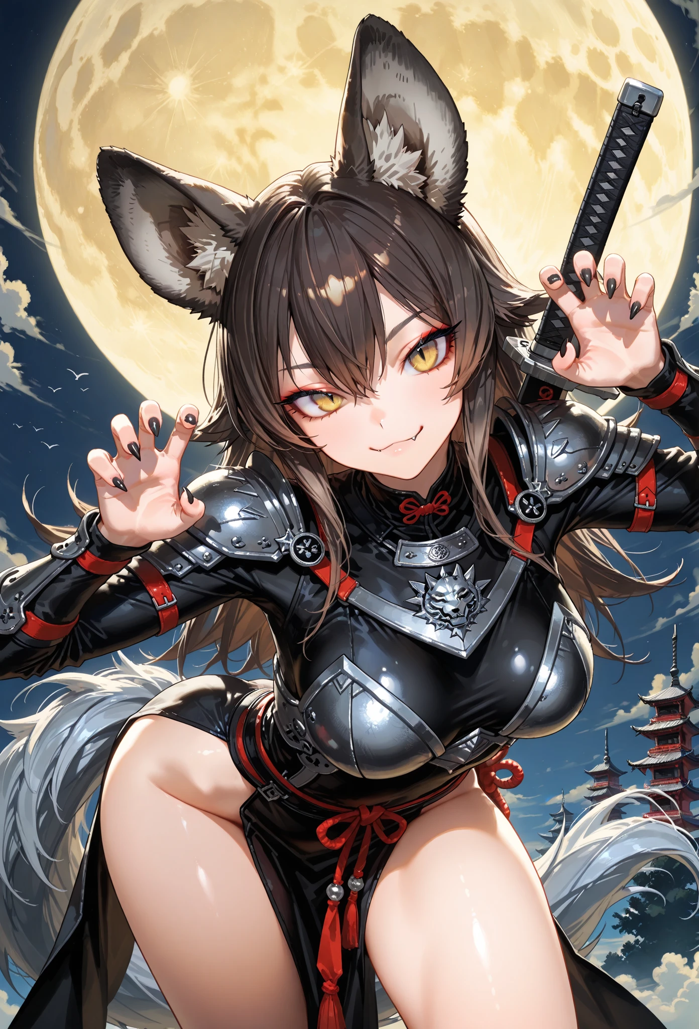 Top quality, high resolution, 8k sexy, racoon ears, black leather, green eyes, katana, space,