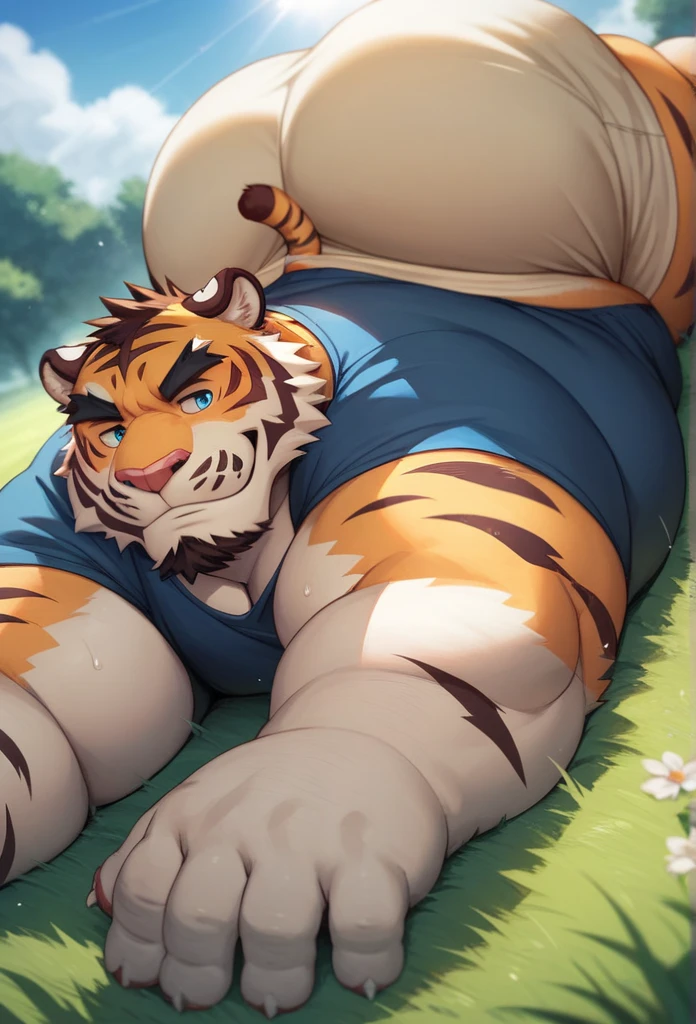 New Jersey 5 Furry,Tiger,Solitary,Chubby,Fat,Thick arms,Rugged muscles,shorts,orange Plush fur,Chubby Face,Black eyebrows,Sky blue eyes,Beard, (topless,short),(on back),grassland,tree shade,Fallen Leaves,Sunlight,shadow