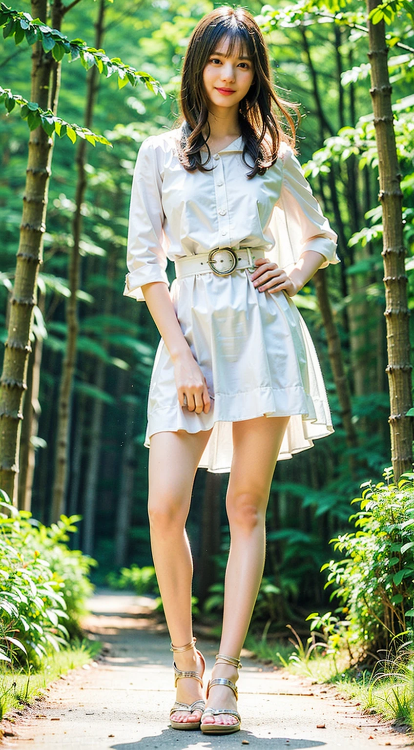 (8K、Raw photo、highest quality、masterpiece:1.2)、(realistic、Photoreal)、1 girl、((white dress、flare skirt、See-through、in the forest、sandals、blonde、I can see your feet、stand with hands on hips、belt、big breasts、Seen from the front、stand with legs apart、))、lots of eyelashes、Glitter on your eyelids、skeletally correct、smile、standing with hands on hips、(nsfw)、