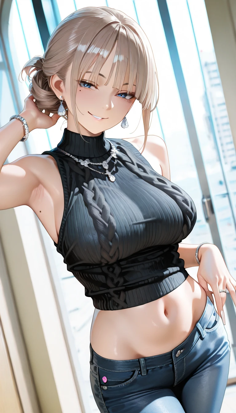 ((Anatomically correct hand:1.5)), Anime, Sexy, ((In Kyoto Animation Style:1.5)), super precision, masterpiece, very extremely beautiful, Princess Face, ((1人の女性)), ((Solo:1.5)), ((Pink hair:1.5)), ((BobKat 1.5)), BREAK, ((Black eyes)), short-cut, ((Straight hair)), BREAK, Full limbs,((complete fingers:1.5)), NSFW, ((Black turtleneck sweater)), ((Black pantyhose)), BREAK, ((Skindentation:1.5)), Professional Lighting, (25-years old), Narrow waist, Shiny skin (Brown skin), ((Oiled skin)), glistning skin, Looking at Viewer, Cowboy Shot, ((Dynamic Pose:1.5)), Looking at the camera, inside in room, A slight smil, Slightly open mouth, ((Cute)), ((squatt)), ((Arms behind your back:1.5)), Ultra-fine eyes, Ultra-fine face, ((thin lips:1.5)), ((drooping eyes)), A slight smil, ((portlate:1.5)), faces, Looking at the camera, Colossal tits, ((Shunguang)), ((silver slit mini skirt:1.5)),