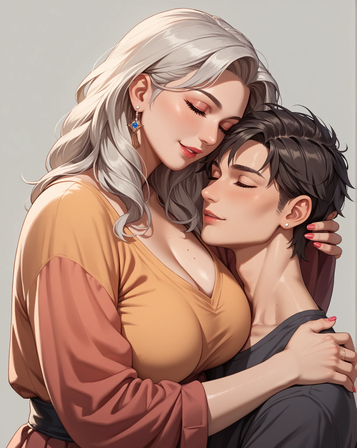 (masterpiece), (5K), (best quality), 2d Couple, ((a young gray hair couple)), ((a gray hair woman , pushed back locks, sharp eyes, slit_ pupils, pale eyes, small ?????, red dress)), brown eyes, ultra well detailed eyes, ((a gray hair guy, white royal clothes)), a passionate hug