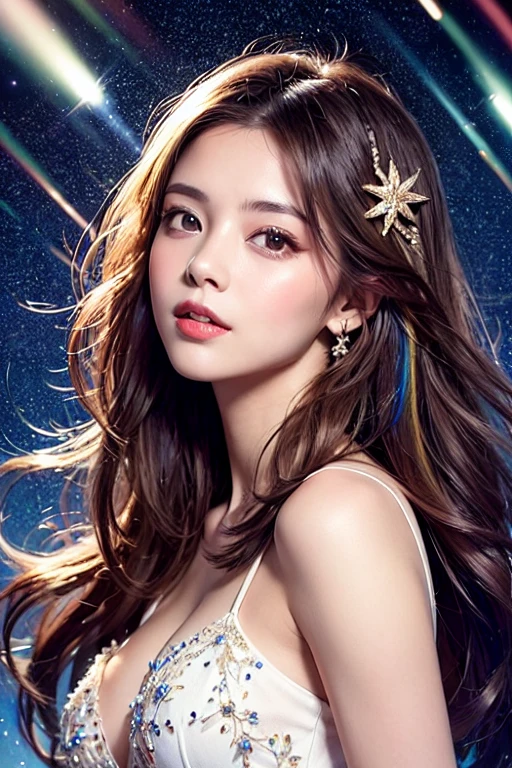 (Highest quality、High resolution、masterpiece:1.3)、Tall and pretty woman、Big ample breasts、Dark brown hair，Scattered wavy、Medium Breast、Wear a pendant、abdomen、Short pants、(Background coast)、Exquisite expression of facial and skin texture details、Detailed eyes、double eyelid、A light smile、Upper Body、Short fine hair、Starry Sky、Put your arms behind your head、Saggy eyes、