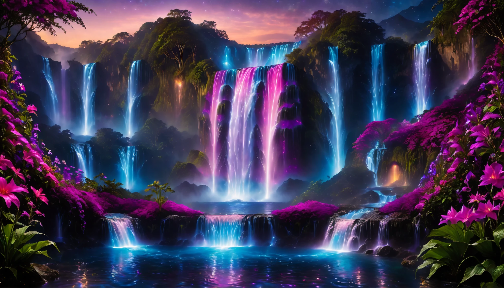 Shiny purple |Pink|blue waterfall amongst strange magic flowers, At night, glowing fairy lights , magic, High quality fairyland waterfall, Realistic Water, ripple, 8k,(A mysterious and majestic large waterfall that can be seen in the back:1.5),Scenery photos of the most beautiful country in the world、