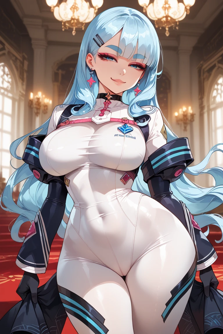 Highest quality, A seductive smile, squat,Spread your legs,See-through clothes,race,Blue tights,Big Breasts,Hands behind head