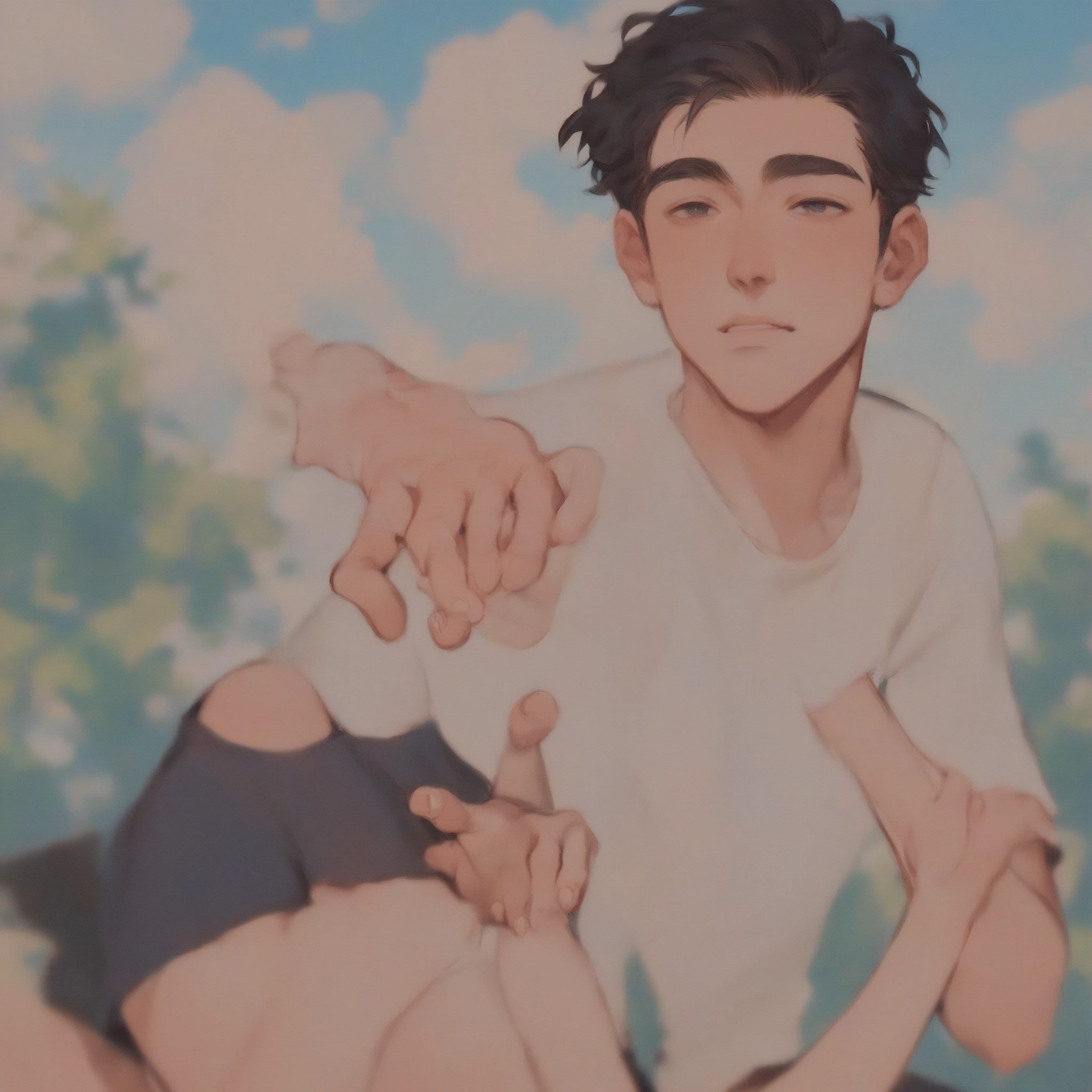 Reach out and take a selfie、male、20s、white t-shirt、skin head、smile、8 heads and bodies、good looking、The location is in the shade of a park