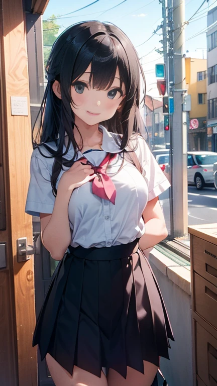masterpiece, highest quality, One Girl, Thighs, beautiful girl, Flowers, たくさんの小さなflowerびら, flower、Small waist, RAWphotograph,Bright lighting、Face Light, Ultra-realistic, High resolution, photograph, Sharp focus, Highly detailed eyes and face,Symmetrical face, whole body、Large Breasts、Long Hair、チラリと見えるThighs、Emphasized cleavage、Her hair was tied with a big red ribbon.、White high heels、White short sleeve shirt、Brown's Best、White flared mini skirt、Climbing the transparent stairs