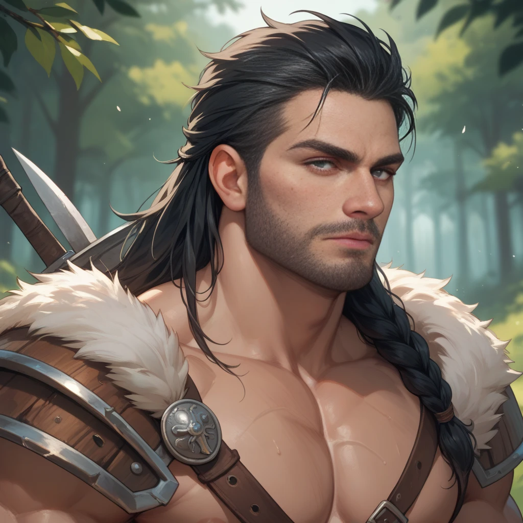 Transform the image of man into an epic Barbarian, similar to the barbarian Conan, in a wild environment, (1man) (male) (((front view)) ((facing viewer)), (Conan), epic, heroic, long hair, wild long hair.
((hairy chest)) ((furry)) ((no beard)) ((imberbe)),
Wearing bearskin gibbon, fur clothing, bear hide.
Emerging from a passage (between two trees). It is in the darkness of the Forest, the only source of light is a beam that passes through the foliage high in the trees, (darkness), high light, light from above.
Highly detailed fantasy art, dramatic volumetric light, cold light, artstation, beautiful medieval fantasy illustration. realistic, normal saturation, low saturation, ultra realistic, 8k