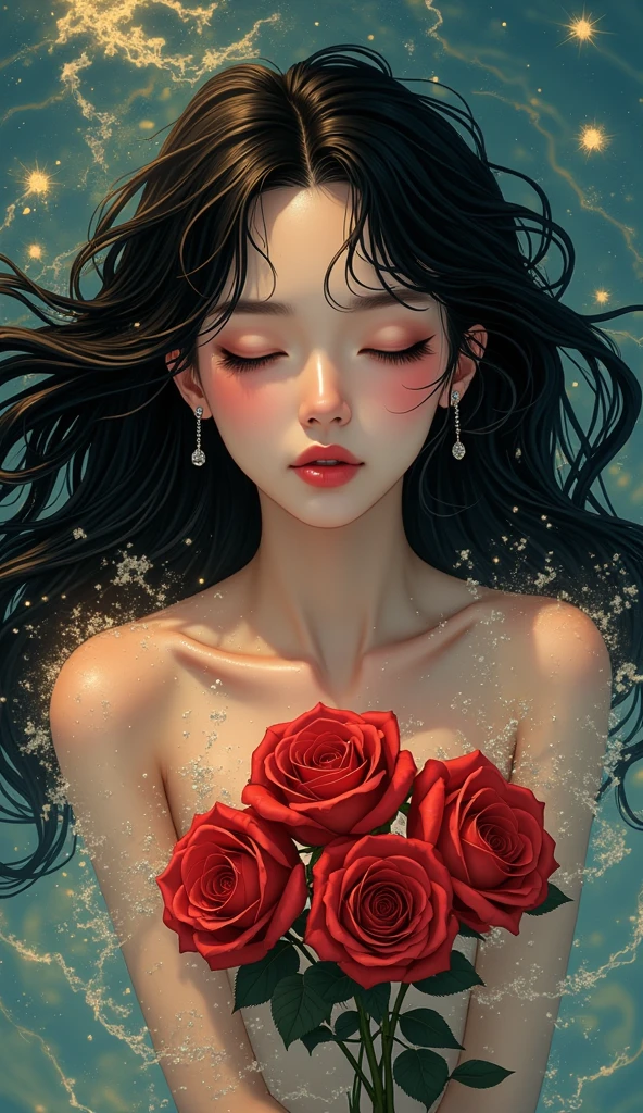 Bird&#39;s-eye view，Woman lying underwater，Black hair，Eyes slightly closed，Long eyelashes，Black earrings，Holding red roses，Golden flowing water ripples，Splashing water and fragmented golden light，Light Effects，Black long hair floating in the water，Long eyelashes look extra soft，The beauty of heartbreak，The golden light in the water creates a romantic and mysterious atmosphere，Background with blue water，illustration，Hand-drawn style，High Definition