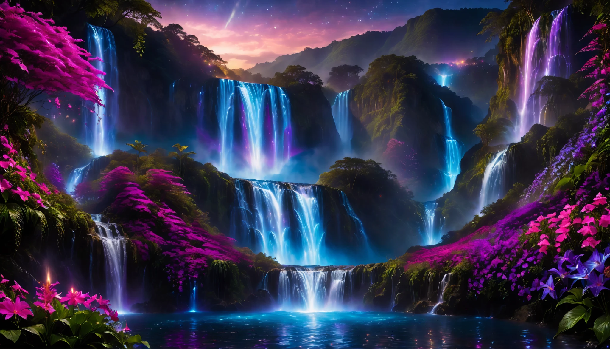 Shiny purple |Pink|blue waterfall amongst strange magic flowers, At night, glowing fairy lights , magic, High quality fairyland waterfall, Realistic Water, ripple, 8k,(A mysterious and majestic large waterfall that can be seen in the back:1.5),Scenery photos of the most beautiful country in the world、