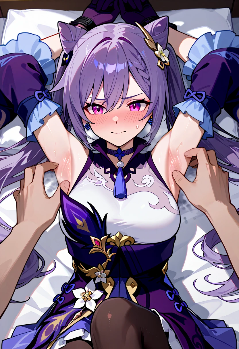 keqing (genshin impact), 1girl, long hair, breasts, blush, open mouth, bangs, large breasts, hair ornament, 1boy, twintails, standing, purple eyes, purple hair, hetero, thighs, solo focus, dark skin, hair bun, official alternate costume, symbol-shaped pupils, double bun, detached collar, bent over, arm grab, cone hair bun