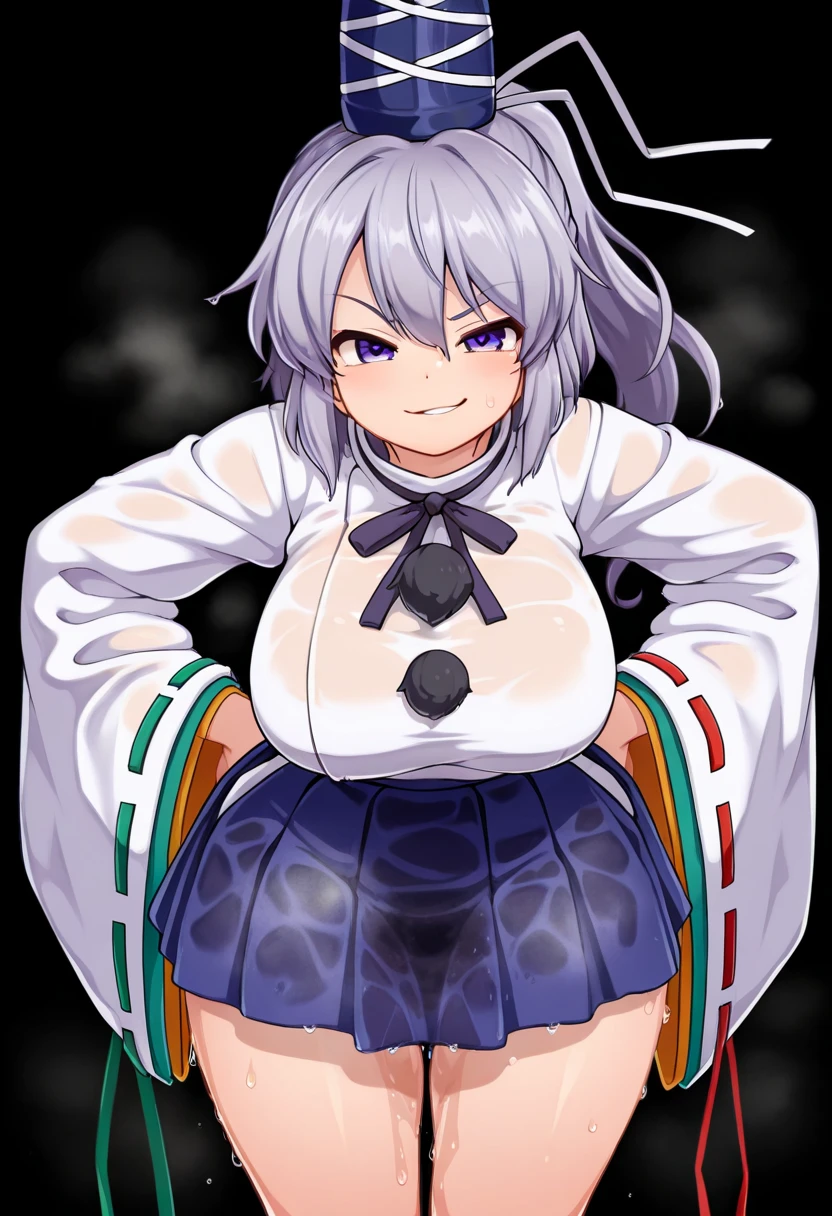 mononobe no futo, One Girl, Long sleeve, Sleeves edged with ribbon, Gray Hair, blue eyes, Proud face,
Underbust,  Medium Chest, Spread your legs,Butt,Thighs,Plump，milk,Armpit,Underboob