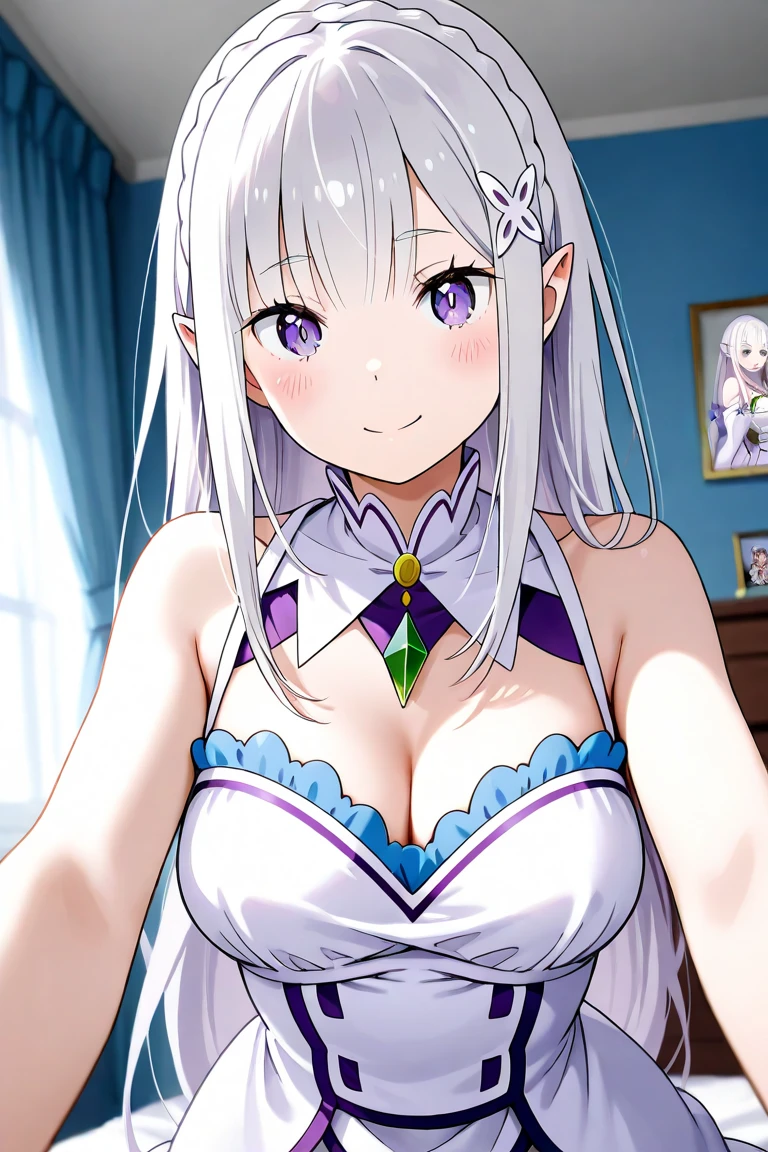1girl,emilia (re:zero),pointy ears,grey hair,white hair,very long hair,blunt bangs,purple eyes,crown braid,sidelocks,x hair ornament,hair flower,purple ribbon,very long hair, ̧,detached collar,gem,bare shoulders,cleavage,pleated skirt,white skirt,white dress,frills,detached sleeves,wide sleeves,frilled sleeves,long sleeves,white thighhighst 18yo,Young female,Beautiful Fingers,Beautiful long legs,Beautiful body ,Beautiful character design, official art,extremely detailed CG unity 8k wallpaper, perfect lighting,Colorful,shiny skin, (masterpiece:1.0),(best_quality:1.0), ultra high res,4K,ultra-detailed, photography, 8K, HDR, highres, absurdres:1.2, Kodak portra 400, film grain, blurry background, bokeh:1.2, lens flare, (vibrant_color:1.2), (beautiful_face:1.5),(narrow_waist),NSFW smile,solo, NSFW,flashing,blush,one breast out,nipples,topless open mouth