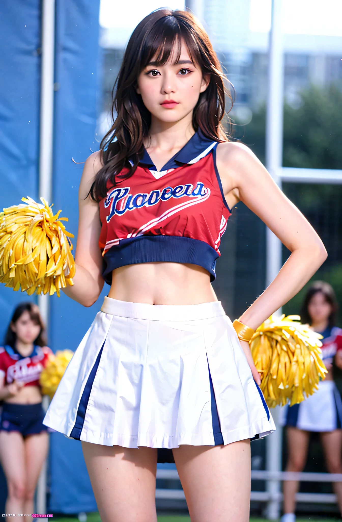 8K raw photos、Beautuful Women:2.0、20yr old、jpn、Cute Baby Turtle、nedium breasts、((cheer girl:1.5))、a miniskirt、beautiful eyes finely detailed、⁶、((Brown eyes:1.2))、beautiful double eyelid、eyeshadows、Perfect eye makeup、((A smile:1.6))、Beautiful and thin legs、(Maroon hair)、Medium Hair、fluffy hair、stadio、Daytime、Latina、Photorealsitic:1.9、Sexy navel、Skinny Legs、tthin eyebrows、Tear bag、lofty nose、((extemely sexy))