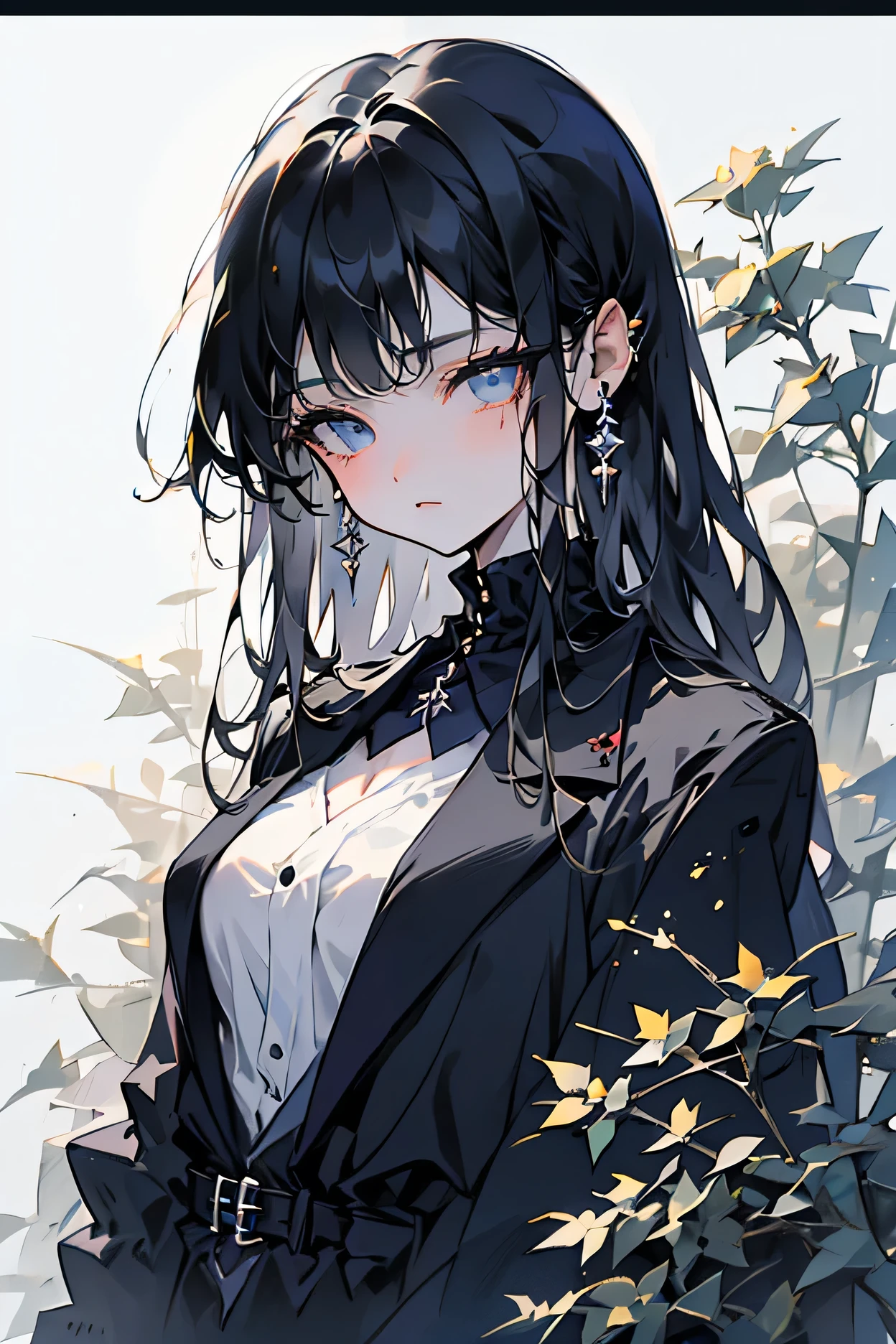 ((1 girl)),long hair,black hair,((Gothic-fashion)),blue eyes,detail,High quality,Floral background ,No expression,ephemeral,low contrast,(bust up)