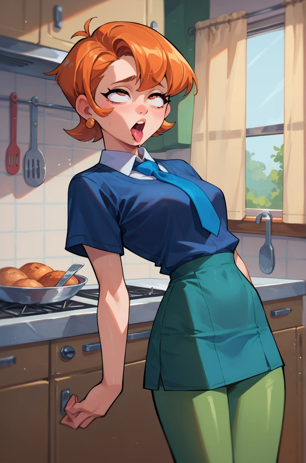 score_9,score_8_up,score_7_up, Gwendolyn_Tennyson,1girl,solo,indoors,depth of field, shocked , blushing, on a date, beautiful, nude, full body, sexy maid outfit, standing in the kitchen. Here is a detailed description:
The Woman:
She is wearing a black, see-through babydoll dress with white lace trims.
The dress has a deep neckline, which is finished with white lace and a tie at the front.
There is a small white satin apron on the dress.
She is wearing black, open-toe high heels.
Posing:
She is standing in the kitchen, leaning slightly against the kitchen counter with her hands raised along her body.
One hand rests on the counter next to the sink, the other is loosely raised.