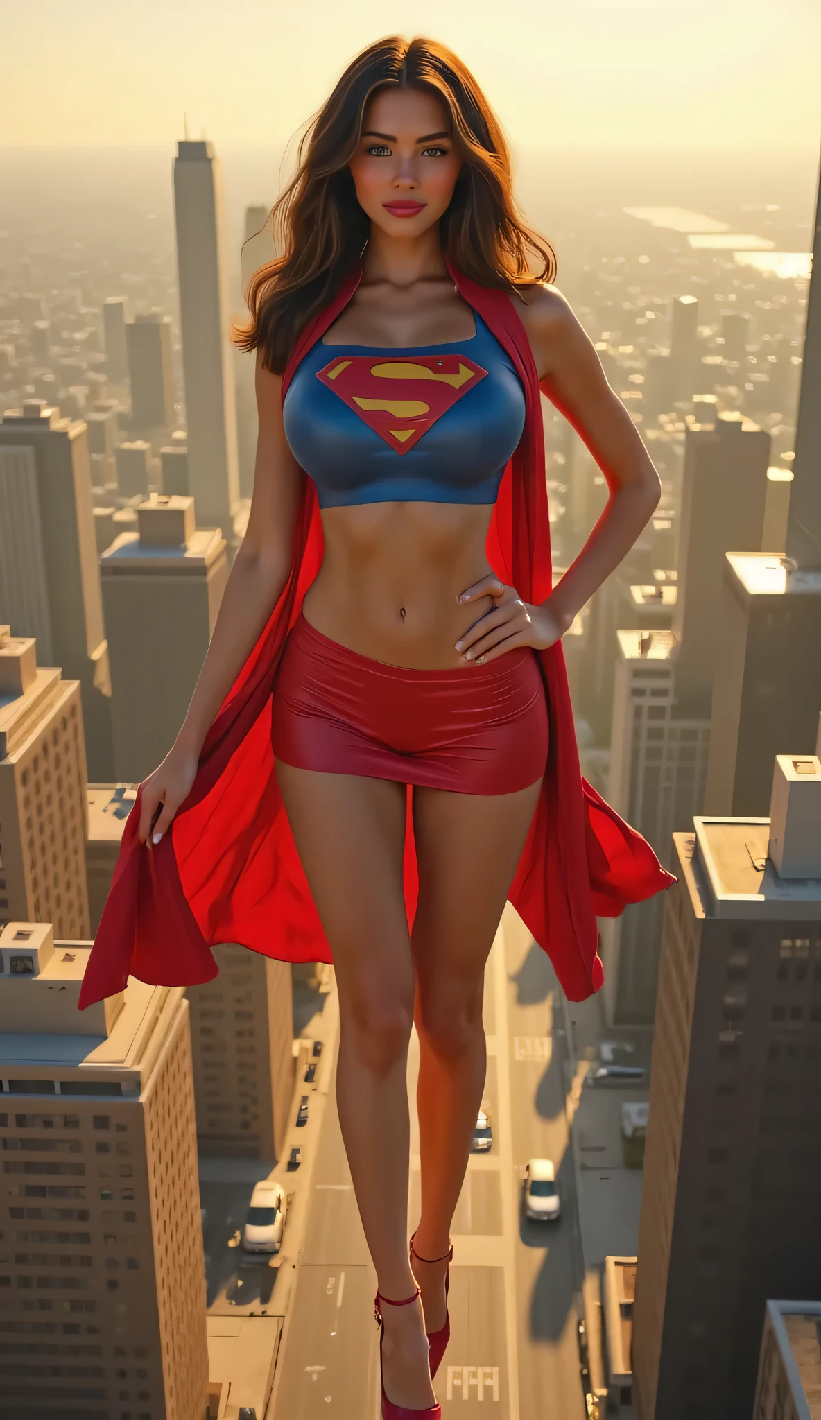 (masterpiece), realistic, brunette, slim, 6 foot tall, long hair, curly hair,  massive breasts, round breasts, wide hips, big butt, thick thighs, shiny sleeveless superman costume, dressed as Superman, mini skirt, red cape, S symbol in her chest, seductive expression, in a city, full body picture, flying above a city, floating, levitating, Her brunette hair is softly tousled by the wind, her expression serene and confident. bathed in warm golden sunlight, with subtle lens flare and cinematic lighting. The scene is rendered in photo-realistic 8K detail, with film grain, ray-traced reflections, and realistic fabric movement on her costume and cape. Focus on accurate likeness, natural lighting, a tribute to the classic 1984 superhero moment. digital photo photography dslr intricate realistic, high heels, open belly, hand on hip, smile, sassy, teasing