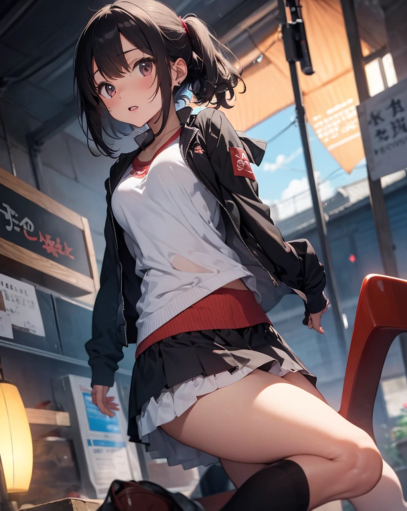 RAW photo, extremely delicate and beautiful, masterpiece, Best Quality, ultra high resolution, 16k, photorealistic, ultra detailed description, pale skin, in her 20s, whole body, medium tits, medium hair, black hair, tearful mole, earring, track suit, shorts, sleeveless,