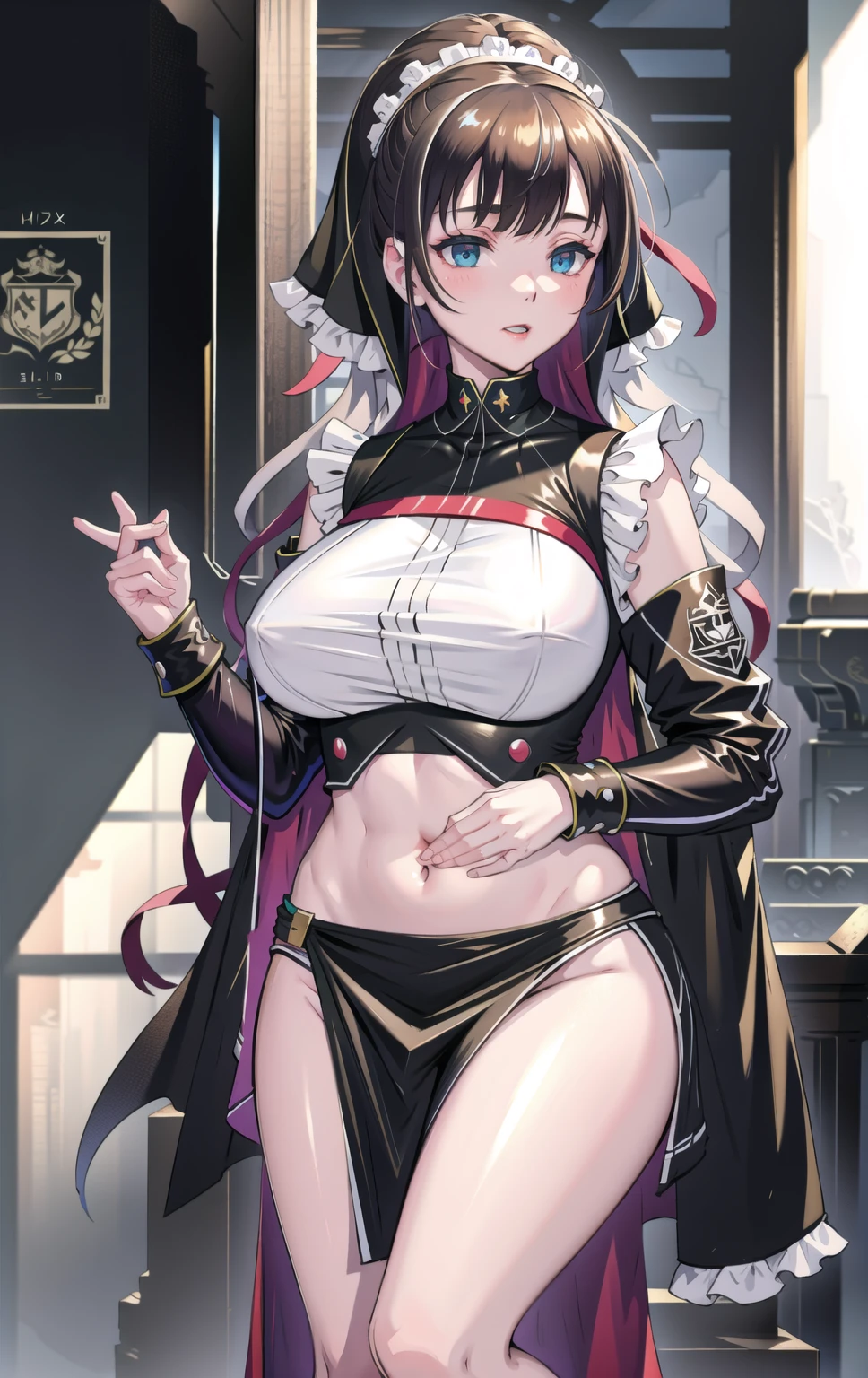 black hair、black nails、short hair、girl、Fashionable、gold decoration、purple eyes、20th generation、cool、cool、gold accessories
、Full body Esbian、standing picture、background white、thighs