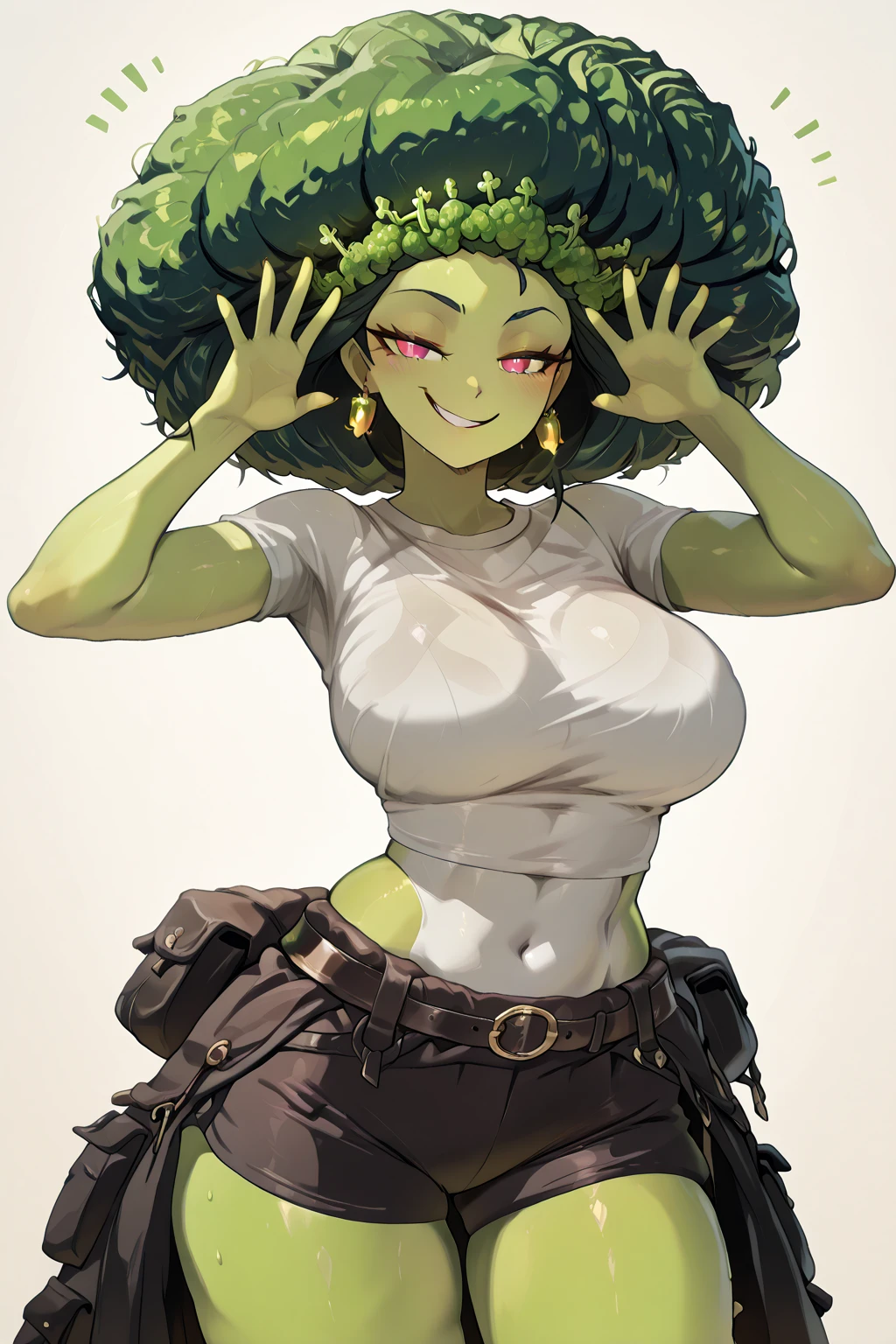 1 girl, short hair, green goblin girl, green skin, small pointy ears, ((rainbow hair)), very fashionable skirt and shirt, (wearing knee-socks), smiling, full body, standing, posing for portrait, smiling, white background, simple background, cleavage
