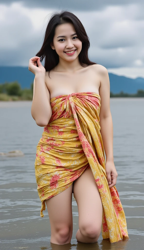 top Quority,Ultra-clear resolution, Korean 18 years old. Body. Sexy. Slim. Thin. exciting. (((Make-up face. Orange lipstick))) long straight black hair. ((Sarong. Sarong. Sarong Bikini. on the rocks. River flow. stand. looking back. sexy ass. sarong bikini. visible from behind