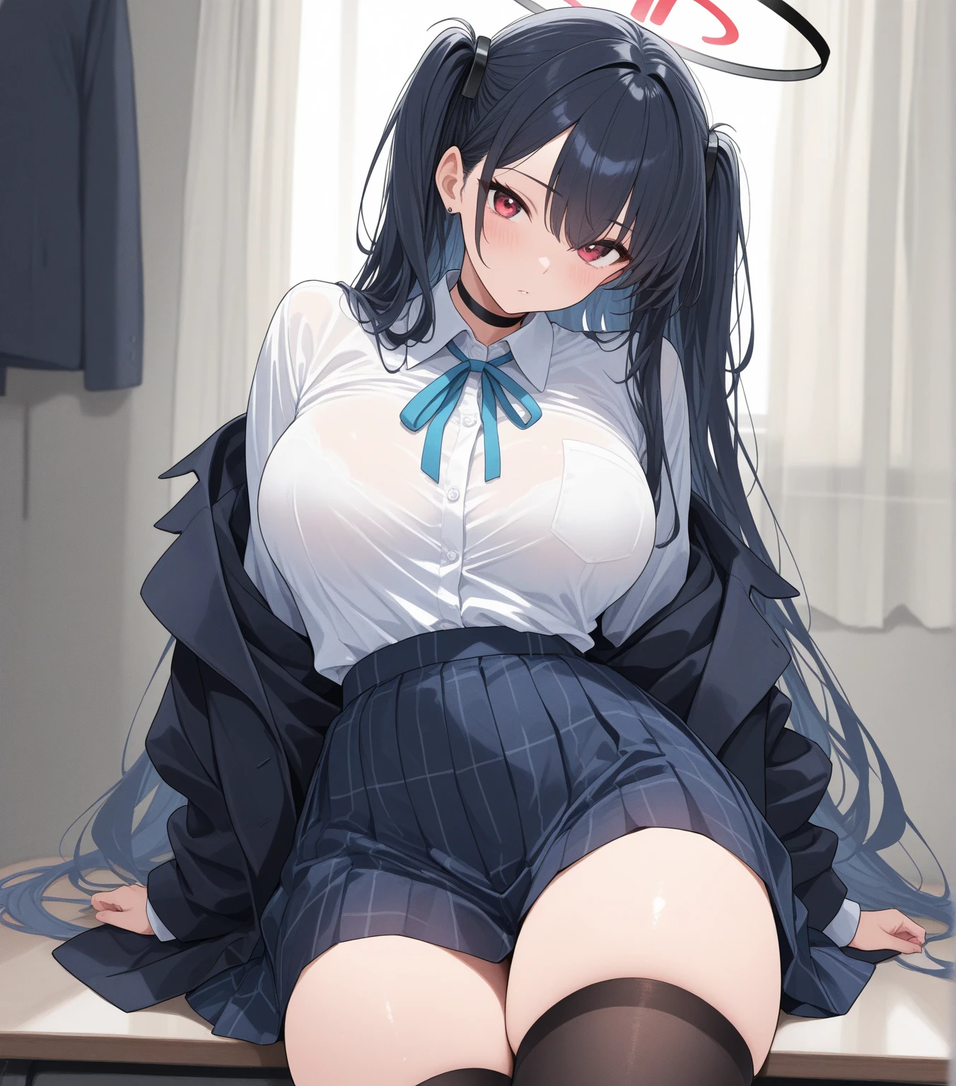 1 girl, five fingers, pencil skirt, looking down at the audience, Double tail, best quality, Panty focus, dynamic poses, Smile is seductive and smug, suit, black pantyhose, under pantyhose,  female office worker, spread legs