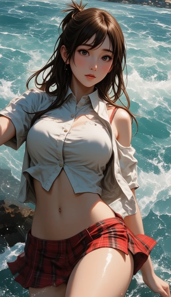 veiny boy penis, female , nude, orgasm face , ahegao, sweat, cum dripping everywhere, red button shirt open, perky breasts, long jet black hair, brown eyes, out at sea, on a ship, ocean background, sunlight