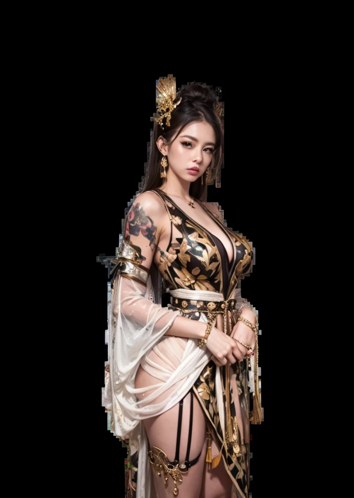 Please draw the enchanting goddess Liriska.。She wears a sensual silk outfit、Look at me with your emerald eyes、Her beautiful black hair dances like a snake.。Her clothing has a design inspired by snake scales.、Shining with gold and jewels。With a mysterious atmosphere、Express her elegant and seductive look。