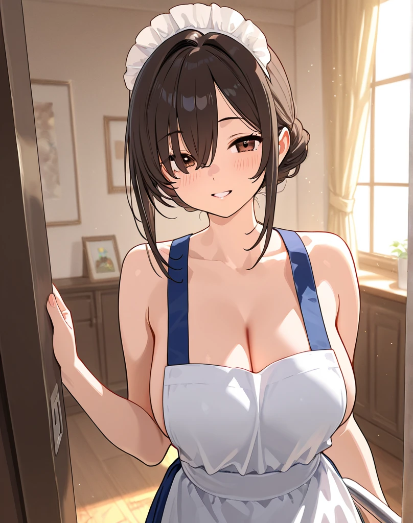 masterpiece, best quality, ultra detailed, ultra high resolution, very detailed face, ((anime)), (((solo))), 24 years old woman, (((Underwear waitress carrying tray, Waitress in underwear, Maid Headband))), (((darkbrown bob hair))), (((large breast))), ((six pack abs:1.1)), ((grin)), ((sweat:1.06)), in the basement
