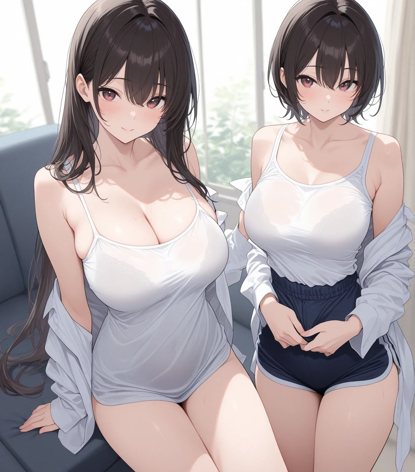 Side view:1.9. Blowjob:1.3 NSFW Anime drawing with vivid colors Full body drawing The young wife is a former student council president One adult woman (((Shirt open wide, white bra, skirt down, white underwear))), (((On all fours、 Concerned face, displeased, sweat, glaring, frown, clenched teeth, anger, flushed cheeks))), (White vertical striped sleeveless shirt with collar and black long skirt showing collarbone), (night:1.3 Apartment Room Sexy)、 (Short black hair, ponytail, straight hair, swept-to-the-side bangs:1.9 Slanted eyes Brown eyes Tall Big breasts Strong Beautiful Cute)