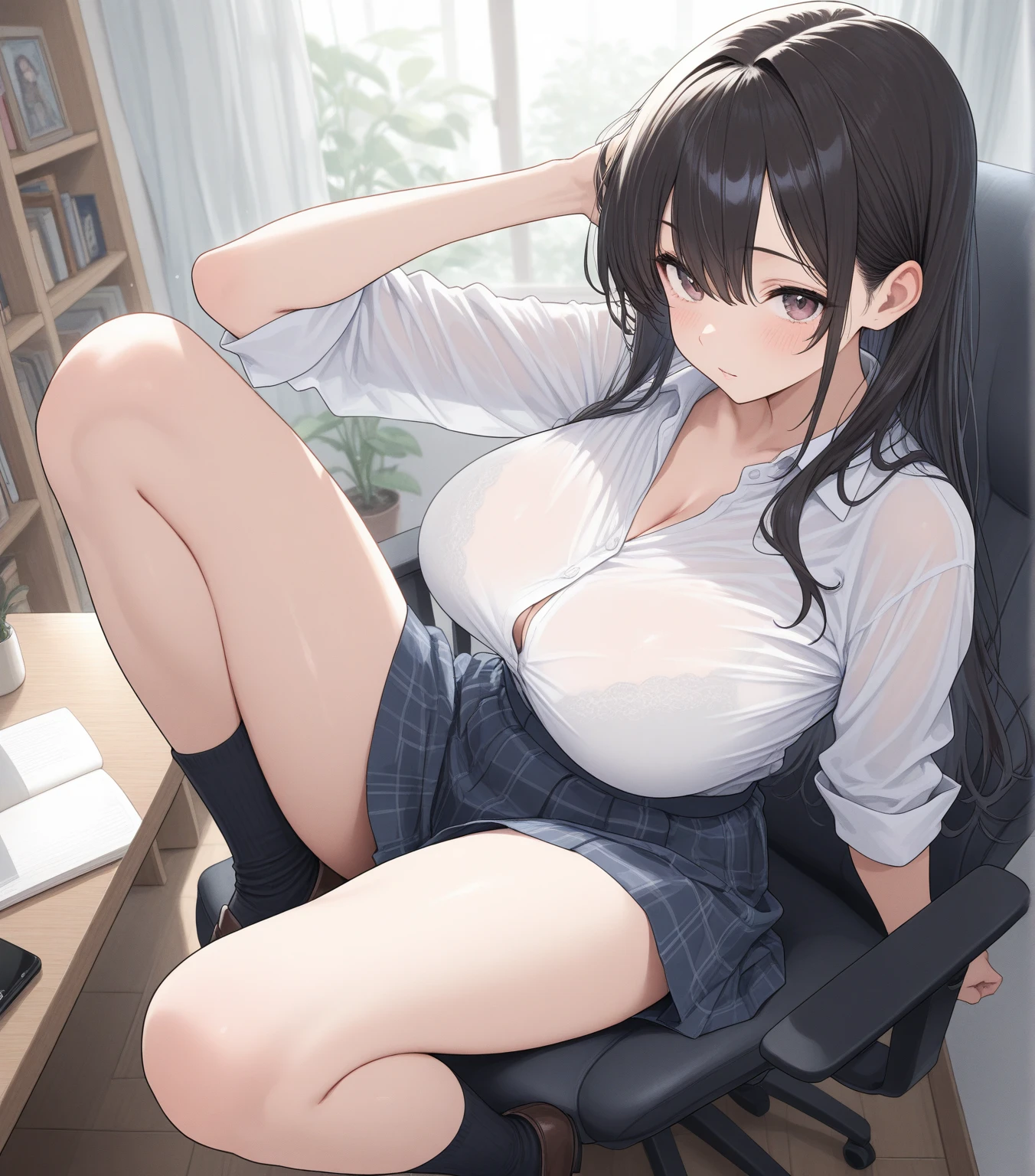 One Girl, solo, ((White shirt)), Black knee socks, Proudly, Cleavage,黒のpanties,pantiesを視聴者に見せつける,Spread your legs wide,脚をLeg spread,pantiesが見えている,足を広げてpantiesを見せる,My shirt is turned up and I can see my bra,Leg spread,Black bra,Big Ass,Large Breasts,Low - Angle,Chair下からのアングル, Cowboy Shot,Low - Angle,Angle from the floor,Taking off his shirt,uniform, officeの背景, Black Skirt, Pleated skirt, Very short skirt,Panty flashing,office, Look at the viewers, solo, Thighs ,panties接写,panties接写,panties((masterpiece)),tits, Sit on, Chair, desk work, Computer on the desk,in house, blush, Sexy pose