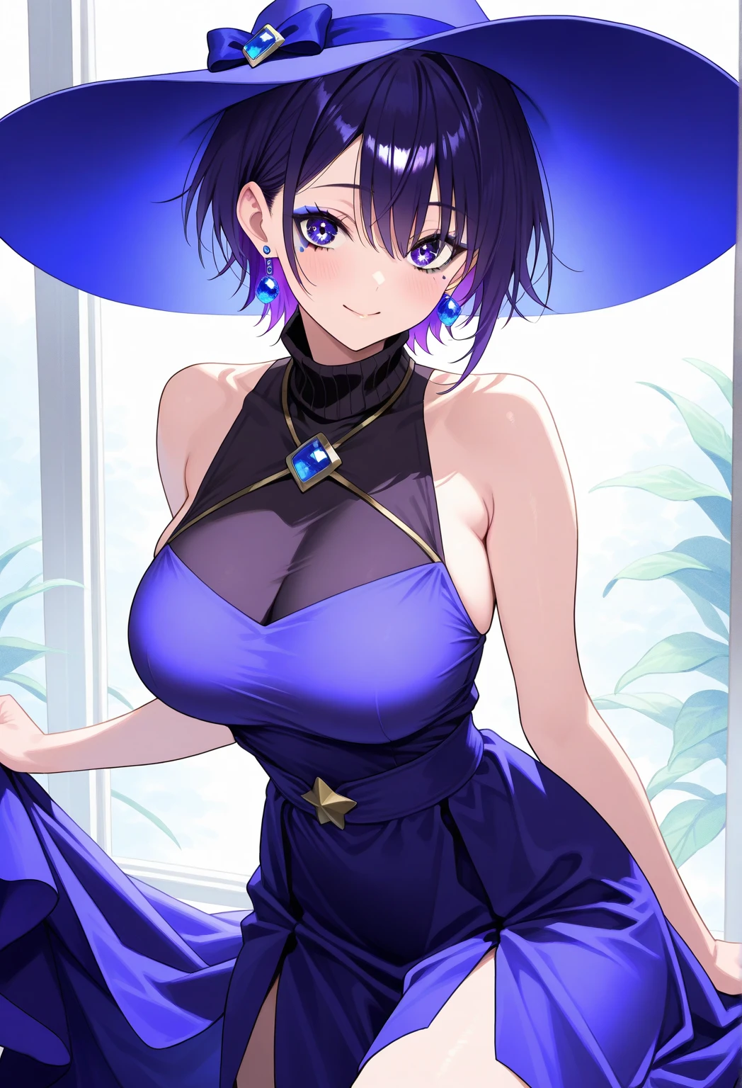 femele、shiny dark blue hair、straight short hair、Green eyes、Blunt bangs、middle size breasts、cheeky grin、impressionistic、Oil painting brush strokes、Blue and orange tones、Gothic costumes、Purple Dress、The collar of the dress is white