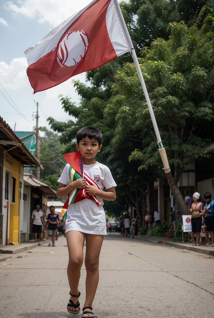A small  is carrying a red and white flag while crying. Behind him are the ruins of people&#39;s houses caused by the war, evening atmosphere before sunset
