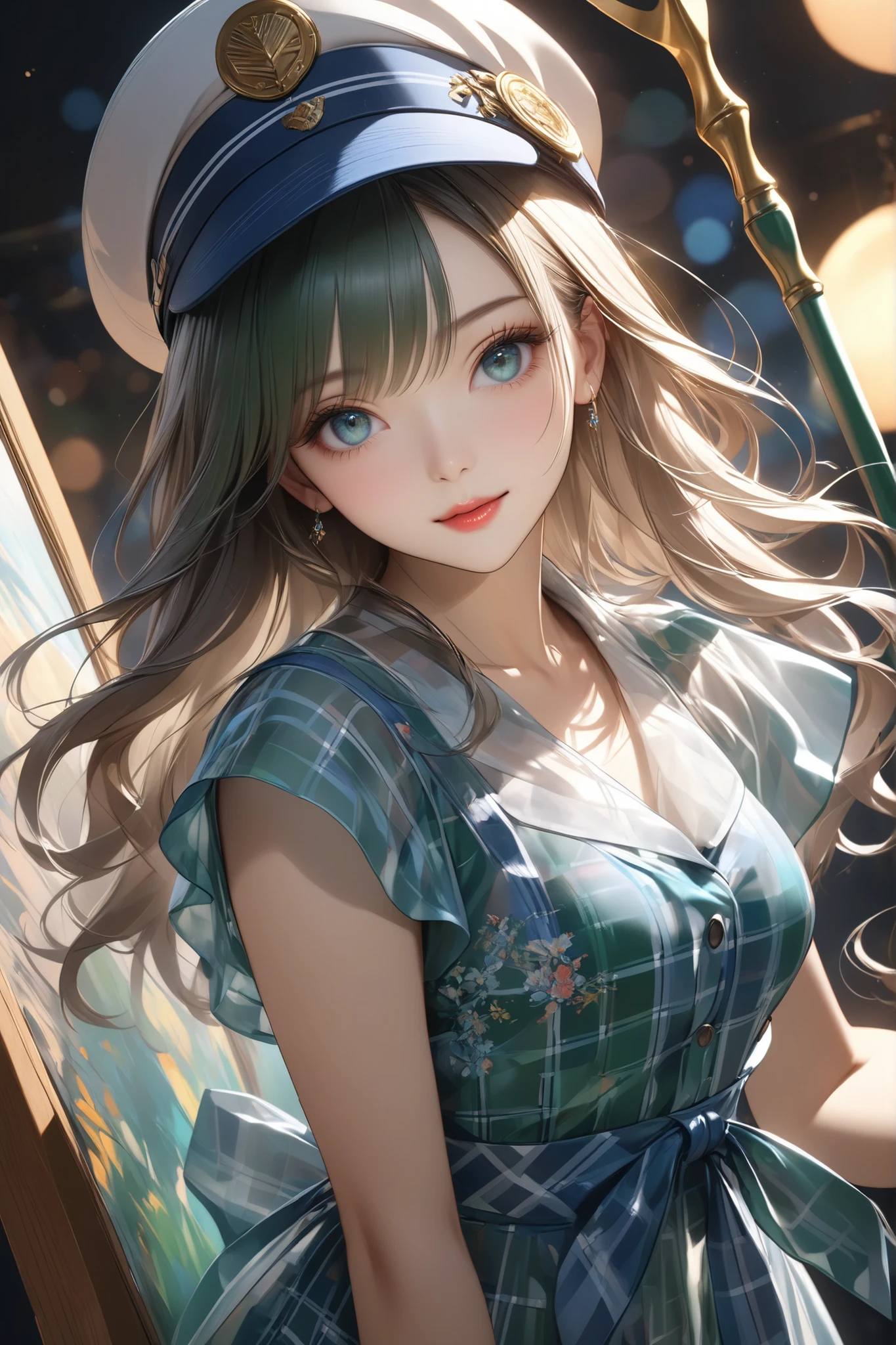 Seatha,Ultra fine detailed beautiful quality, Anime characters with adult female painters as motifs, Leviathan's protection, solo, Hold a brush with a trident-like brush in your hand, wearing a hunting hat like a painter, emerald green and Aegean blue gingham check, see-through dress、８Life size,  
shows you attractive high heels that give off an iridescent sheen, 
High Quality, 4K, Realistic, Studio Lighting, Superb Detailed Description, Professional, bright colors, bokeh, PORTRAIT, digital art, Nijigen, 