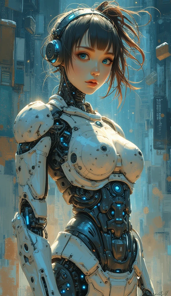 A female robot whose right arm was destroyed. My right hand is missing from the elbow machine is exposed