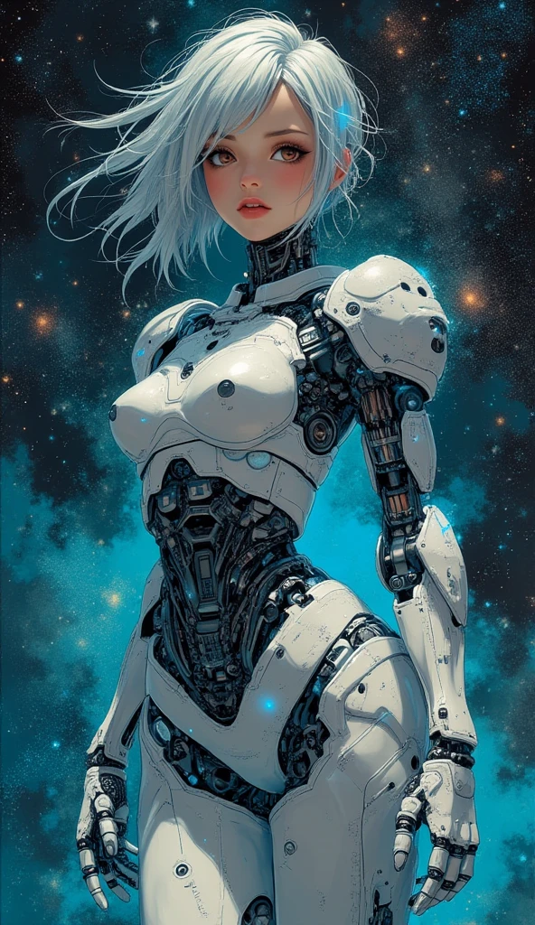(Full body photo:2), (One/woman/mechanical:1.8), (extremely large breasts:1.8), (all mechanicalal body:2), (With electronic shield:1.5), white with black gears, (She is inside a spaceship near the window looking out into outer space.:1.5), (She has very short straight purple hair.:1.2), (Blue eyes:1.2), (groan:1.5), (Blush:1.5), (He performs sensual poses to stand in front of the viewer.:1.5),    نمط Anime, Anime, 16 kg, High quality, Textured leather, Ultra clear, Award winning