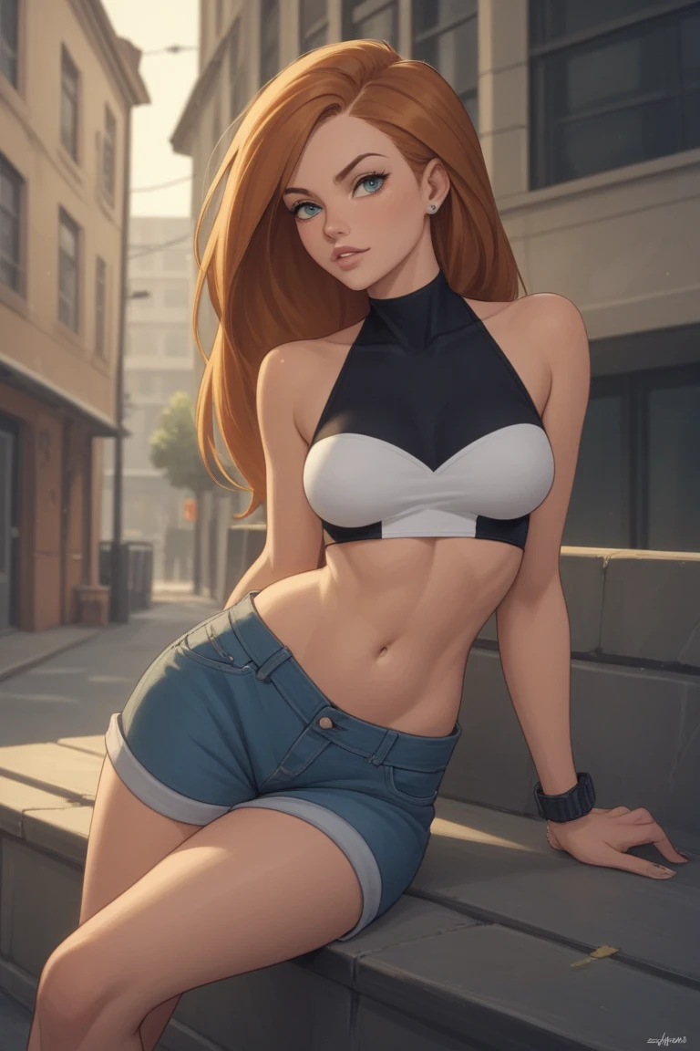 (Masterpiece, Best Quality, High Quality),(NSFW:1.3),Nishikino maki, Red hair, purple eyes, cowboy shot,low waisted pants, tight ,(sweater crop top), (sexy stomach), detailed belly, midriff, big breasts,looking at viewer, earrings,in street