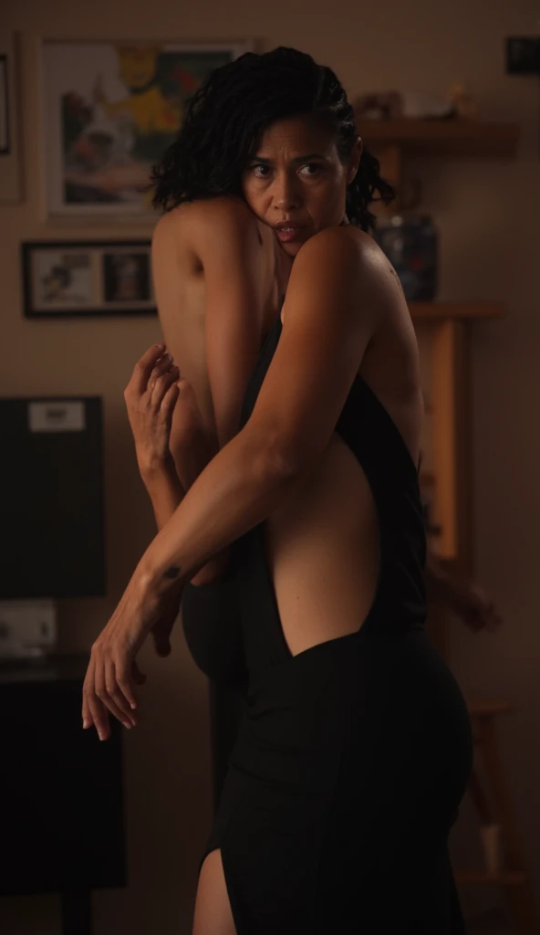 ((masterpiece, best quality)), Curvy black woman in white bra and white cotton panties, dragging a Caucasian short haired woman in white bra and white bikini panties by the hair, backstage, photo realistic, intricate details