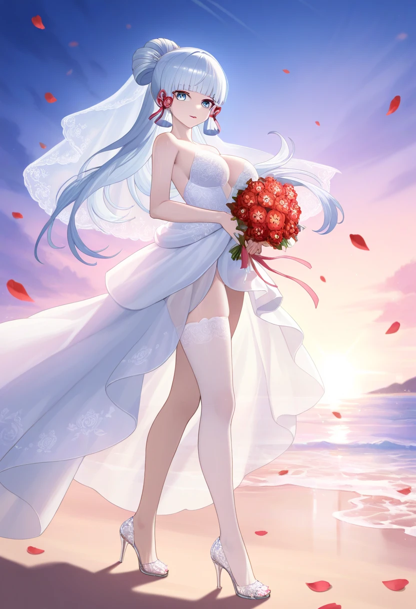 Prinz Eugen,((Masterpiece)), (((Best quality))), ((Ultra-detailed)), ((illustration)), ((Disheveled hair)), ((frilld)), (1 girl), (Solo), Bare shoulders , Blue hair , Bouquet , choker necklace, 鎖骨 , Clothing , dress , Elbow gloves, Female , flower , frilld, Collection, mitts, hair between eye, Headgear , Holding, holding flower bouquet , holding object , Light smile, view the viewer, Red eyes, Short twin tails, No shoulder strap , Strapless dress , hair tying, double tails, two hand , (Wedding dress:1.2), a white choker , White dress, White gloves, a white choker , white sash ,