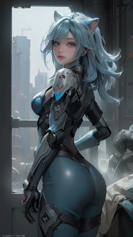 from below angle from below camera shoots from below cyborg warrior girl flat horizon photo, Girl android , she has long light blue hair, hair tied up in a ponytail, she has a mask on her face, a respirator, a woman with sexy hips, incredibly beautiful blue eyes and a gas mask on her face, half cyborg, technological modifications. Cool girl, Beautiful face, pretty face, look at the camera, blue cybernetic android robot body, Large wide hips, suit with blue indicator lines with many blue details, blue colour corset, blue glowing lines on clothing details, cybernetic armor with a blue glow from under the joints and joints, she has blue eyes , frame with a flat horizon, Anime Style Photography , blue Lasers, high image detail, 4k quality, the camera films Her from below, lower angle of photography, blue neon lights, blue lamps, blue lighting, blue flashes, blue sky background, a girl stands on the roof of a tall building, behind her is a blue sky and clouds